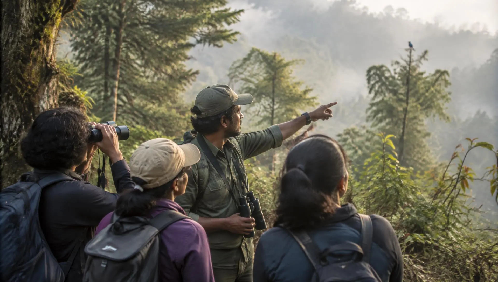 Students with notebooks and binoculars outdoors on a forest field trip