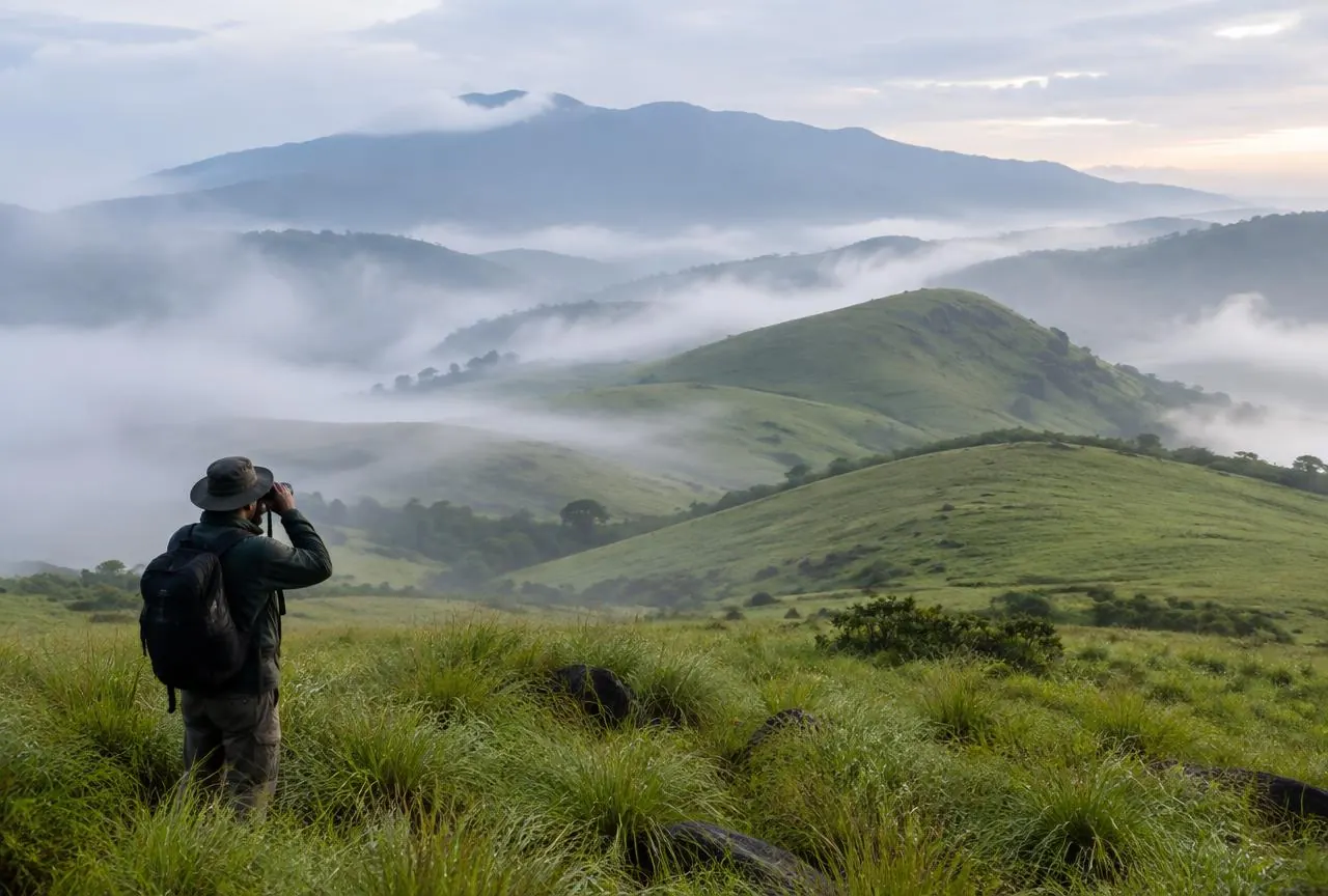 Rolling high-altitude grassland with mist and a birdwatcher with binoculars