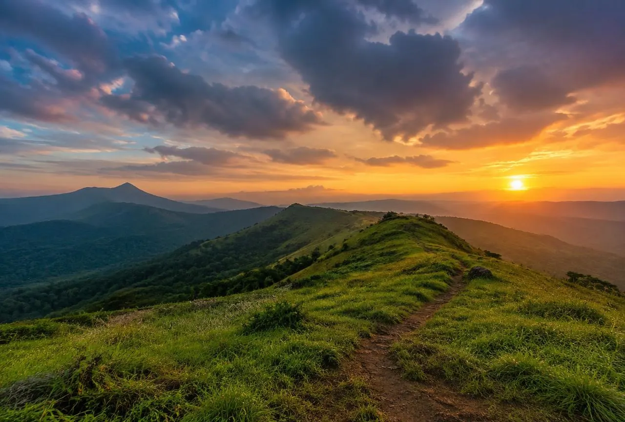 Open grassland ridge rising above forested valleys at sunrise