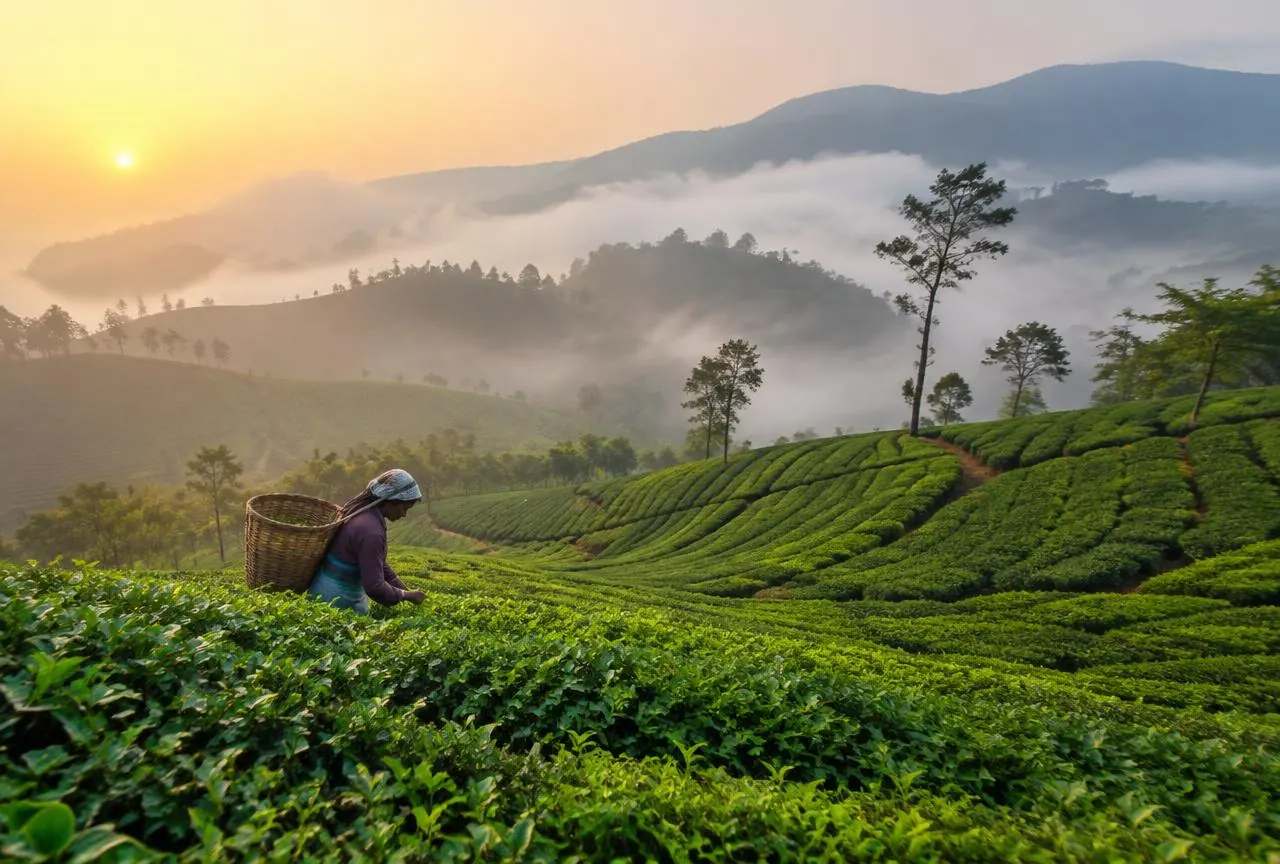 Shola grassland and tea slopes in the Nilgiris